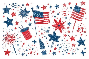 Fototapeta premium july, freedom, red, flag, patriotism, illustration, day, blue, design, background, event, poster, vector, anniversary, star, holiday, symbol, america, american, fourth, independence, national, sign, f