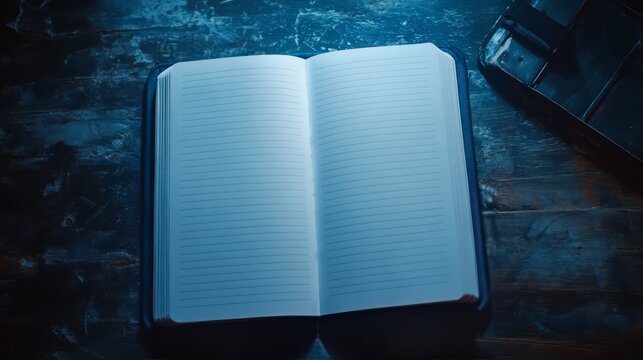 Open blank notebook on a wooden table with a vintage camera. - Powered by Adobe