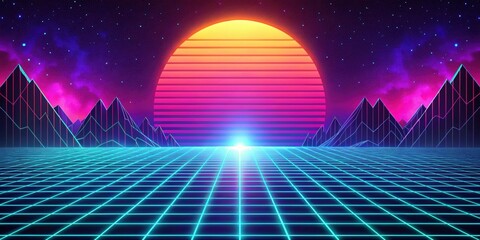 Retro arcade synthwave landscape background with neon lights and pixelated graphics, retro, arcade, synthwave