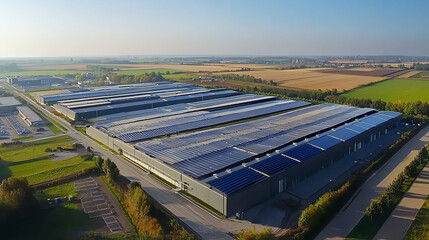 Solar panel manufacturing plant showcasing renewable energy production in a rural landscape during daylight hours