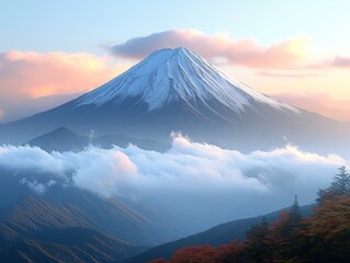 Majestic Arafed Mountain rises with a snow-capped peak, framed by scattered trees, embodying tranquility and the beauty of nature&acirc;&euro;&trade;s untouched wilderness.