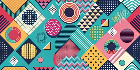 Obraz premium Trendy retro memphis vintage elements with colorful geometric shapes and patterns , 80s, 90s, abstract, nostalgia, pastel