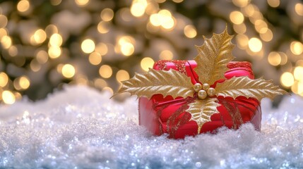 Obraz premium A vibrant red gift box adorned with a shimmering gold bow, nestled among festive holly leaves, radiating holiday cheer and anticipation.