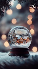 An enchanting snow globe showcases a charming house amidst delicate snowflakes, evoking warmth and nostalgia in a winter wonderland.