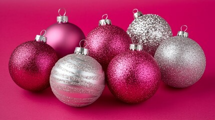 A vibrant close-up of colorful Christmas ornaments glistening against a soft pink background, evoking festive cheer and holiday spirit.