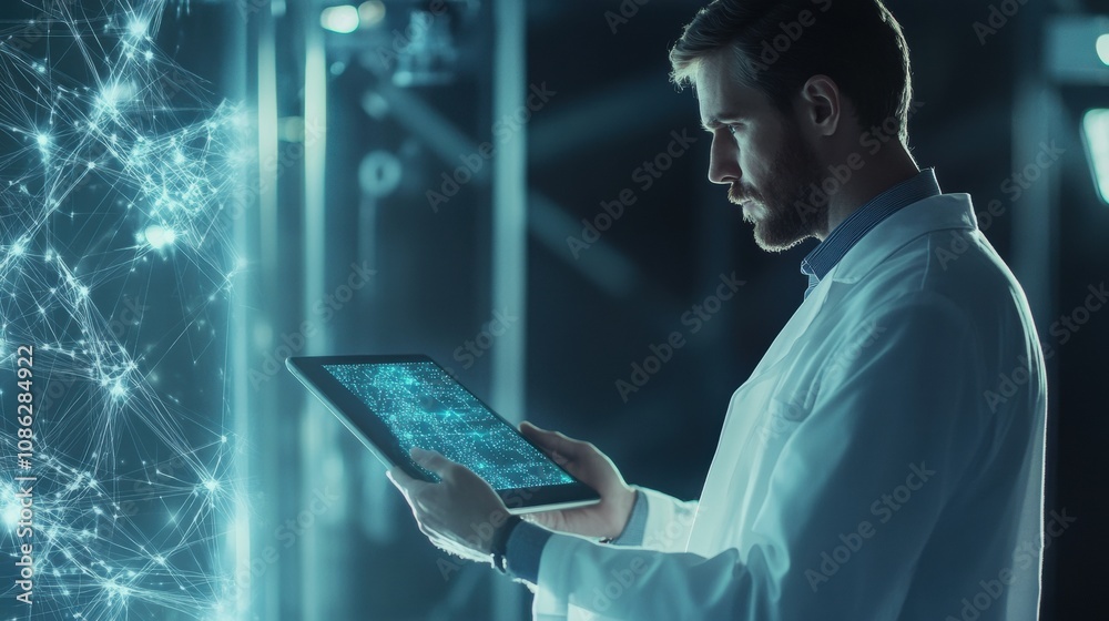 Aufkleber a doctor in a white coat examines data on a tablet, immersed in a high-tech laboratory setting durin