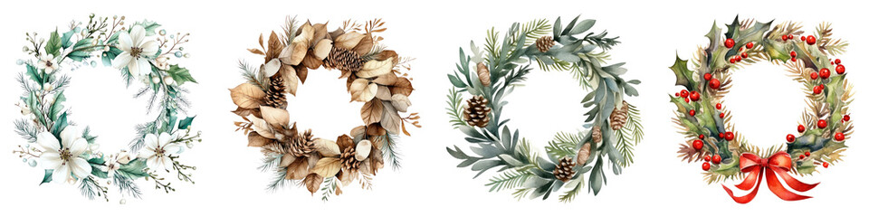 Fototapeta premium Christmas wreath watercolor png cut out element set