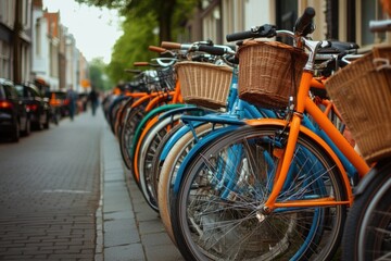 A row of bicycles parked on a cobblestone street in a European city.