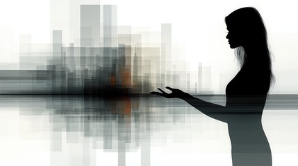 Fototapeta premium Abstract illustration featuring the silhouette of a young woman gesturing toward the city skyline in the background, in black, white and red