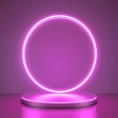 Obraz premium A striking close-up of a vibrant pink neon ring illuminating a sleek white pedestal, creating a modern and artistic atmosphere.