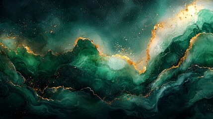 Abstract swirling patterns in green and gold, evoking a sense of depth and movement.