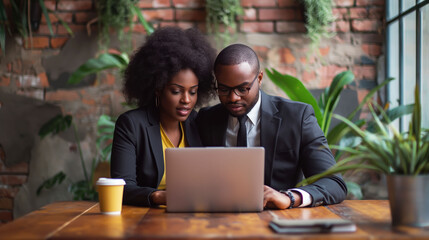 African American professionals collaborating on a laptop in a modern office with greenery