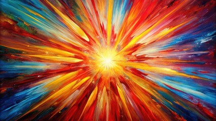 High angle colorful abstract painting with a red and yellow sunburst, abstract, art, painting, vibrant, colorful, sunburst