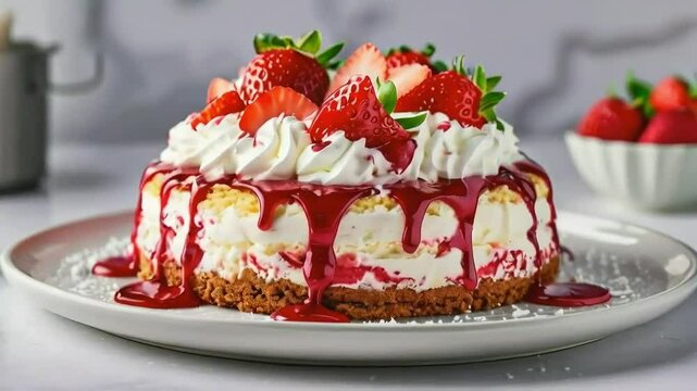 A decadent cheesecake topped with fresh strawberries, whipped cream, and a luscious strawberry sauce.