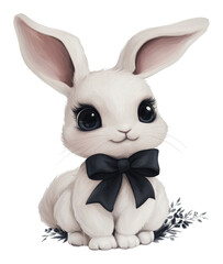 Obraz premium PNG Cute white rabbit with a black bow sitting calmly