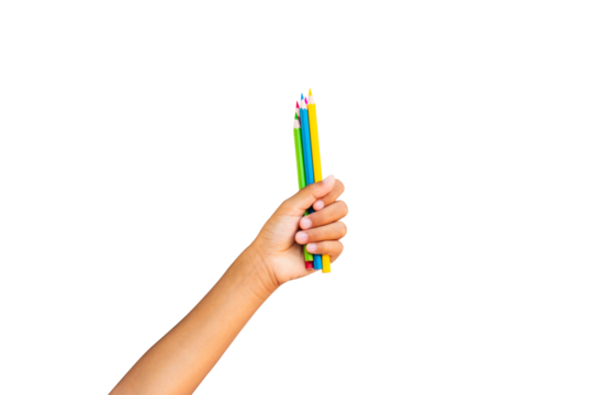Child's hands holding colored pencils isolated on transparent background.