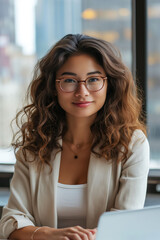 Smiling Asian woman with glasses working on laptop in bright modern office during daytime