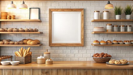 Mockup blank wall frame with bakery background, mockup, blank, wall, frame, bakery, background, interior, design, display, template