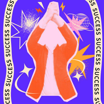 Business collage in halftone style. The effect of dots. Cut out. Y2k elements. Trendy retro geometric shapes, stars, grunge. Doodle. Aesthetic nostalgia. Success. Rave. Airy layout. Frame and form