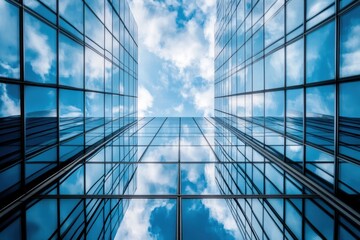 Obraz premium Looking up at a modern glass building against a bright blue sky.