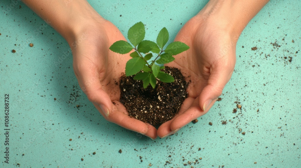Poster two hands gently cradle a small seedling sprouting from dark, nutrient-rich soil against a vibrant t