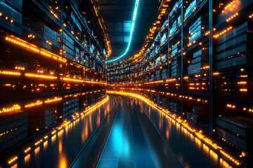 3D Illustration Futuristic Server Room Data Center Technology
