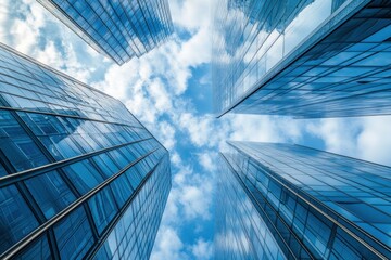 Low angle view of modern skyscrapers reaching for the blue sky.