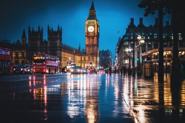 Fototapeta premium Night view of Big Ben and Houses of Parliament with reflections in wet street.