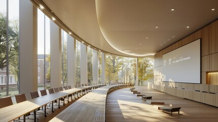 Modern lecture hall with panoramic digital screens