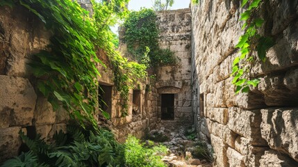 Fototapeta premium Overgrown stone ruins of an ancient building.