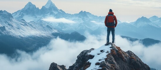 A lone hiker stands atop a snow-covered mountain peak, gazing out at a vast and breathtaking vista of snow-capped peaks and clouds.