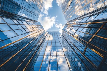 Obraz premium Tall glass buildings with blue sky and clouds reflected in the windows.