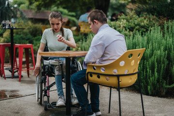 A boy with Down syndrome and a girl in a wheelchair are enjoying a game of backgammon together in...
