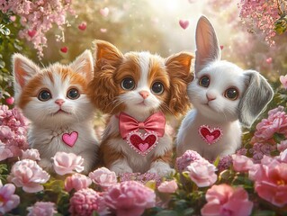 Adorable Kittens and Bunny in a Garden of Love