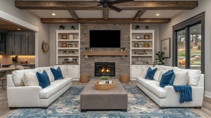Modern living room with cozy seating and stylish decor.