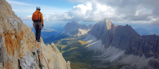 Obraz premium A lone hiker stands on a narrow ridge, overlooking a vast mountain range with a bright, clear blue sky and white clouds.