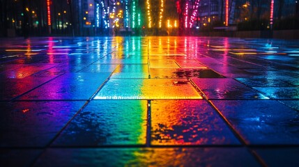 Vibrant rainbow reflections on wet city pavement at night.