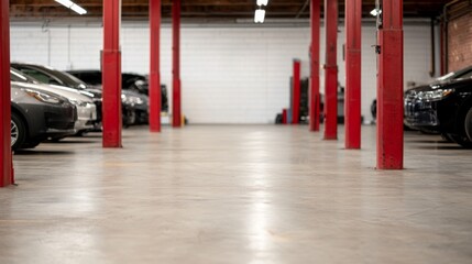 A spacious parking garage featuring neatly parked cars, with red columns supporting the structure and a polished concrete floor.