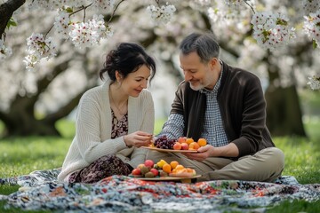 A middle-aged couple sitting on a picnic blanket, sharing a colorful fruit platter under a blooming cherry tree: A serene and romantic outdoor moment