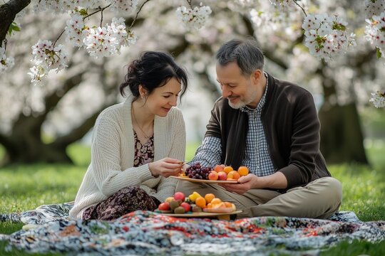 A middle-aged couple sitting on a picnic blanket, sharing a colorful fruit platter under a blooming cherry tree: A serene and romantic outdoor moment