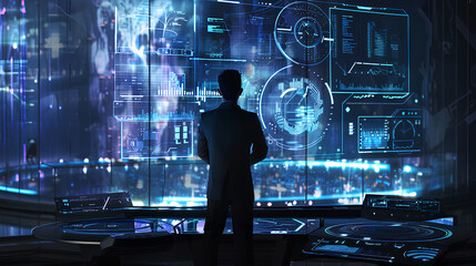 A business professional analyzing graphs and charts on a futuristic holographic screen, tech-inspired office setting