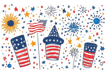 Obraz premium 4th of July, Independence day - greeting design with USA patriotic colors firework burst rays. july, freedom, red, flag, patriotism, illustration, day, blue, design, background, event, poster,