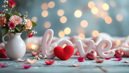 wooden letters spell love on a vibrant Background