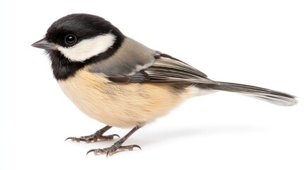 A small bird with a black head and white cheeks