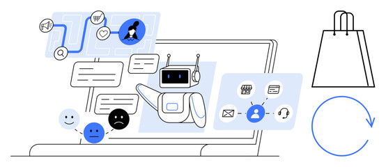 Chatbot communicating with users on laptop, showing responses, order management icons, shopping bag, and customer emotions. Ideal for customer service, e-commerce, AI integration, online shopping