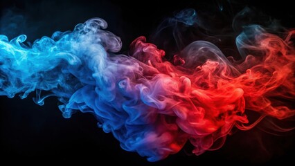 Obraz premium Fusion of blue and red smoke in motion on black background, smoke, abstract, colorful, dynamic, movement, blending, contrast