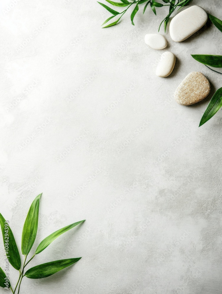 Fototapete smooth stones and vibrant green leaves are artfully arranged on a neutral backdrop, creating a seren