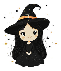 PNG Cute young witch with stars and a hat in autumn