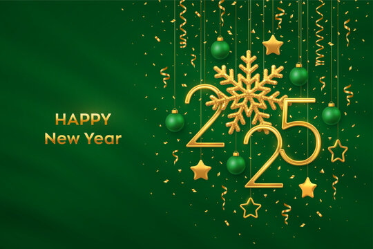 Happy New Year 2025. Hanging Golden metallic numbers 2025 with shining snowflakes, 3D metallic stars, balls, confetti on green background. New Year greeting card, banner template. Vector illustration