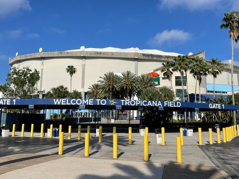 A sign welcomes baseball fans to Tropicana Field, the domed stadium and home to the Tampa Bat Rays team
